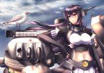  1girl bird black_gloves black_hair breasts cannon clouds coat cowboy_shot elbow_gloves emblem fingerless_gloves gloves grey_sky headgear itsuwa_(continue) kantai_collection large_breasts long_hair machinery miniskirt nagato_(kantai_collection) navel partly_fingerless_gloves pleated_skirt red_eyes remodel_(kantai_collection) seagull skirt thigh-highs white_skirt 