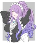  1girl camilla_(fire_emblem_if) cosplay dress felicia_(fire_emblem_if) felicia_(fire_emblem_if)_(cosplay) fire_emblem fire_emblem_if fire_emblem_musou hair_over_one_eye hairband highres long_hair maid maid_cap purple_hair simple_background very_long_hair violet_eyes wavy_hair white_background 