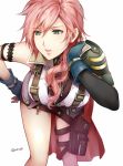  1girl bending_forward breasts cape final_fantasy final_fantasy_xiii fingerless_gloves gloves green_eyes large_breasts lightning_farron lips long_hair miniskirt pink_hair simple_background skirt solo tama_(tmfy5) thigh_strap 