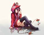  1girl absurdres animal_hood arm_support black_footwear boots cat_hood dress full_body gradient gradient_background grey_background hair_between_eyes highres hood hooded long_hair no_game_no_life purple_hair red_sweater shuvi_dora sishenfan sitting solo sweater sweater_dress thigh-highs thigh_boots very_long_hair yellow_eyes 