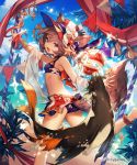  1girl :d animal animal_ears anklet armlet beach bikini blue_bikini blue_sky bracelet breasts brown_hair eyebrows_visible_through_hair fang hair_between_eyes hair_ornament highres jewelry lee_hyeseung looking_at_viewer ocean one_leg_raised open_mouth outdoors shingeki_no_bahamut short_hair sky small_breasts smile solo standing striped_hat swimsuit tail violet_eyes wolf_ears wolf_tail 