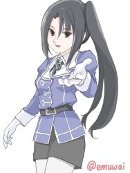  1girl black_eyes black_hair black_ribbon black_skirt emuwai gloves jacket kantai_collection long_hair military_uniform nachi_(kancolle) one-hour_drawing_challenge pantyhose pencil_skirt purple_jacket reaching reaching_towards_viewer ribbon side_ponytail simple_background skirt solo twitter_username white_background white_gloves white_pantyhose 