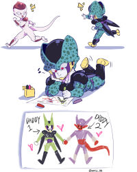  2boys :d amiz06 arrow_(symbol) cell_(dragon_ball) cell_junior child child&#039;s_drawing closed_mouth colored_skin commentary_request crayon dragon_ball dragon_ball_z drawing_(action) drawing_(object) elbow_rest english_commentary feet_up head_rest heart highres holding holding_crayon janemba kuriza looking_at_another looking_back lying male_focus mixed-language_commentary multiple_boys multiple_views musical_note neko_majin_(series) notice_lines on_stomach open_mouth outstretched_arm paper perfect_cell purple_skin red_eyes running simple_background smile tail white_background white_skin wings 