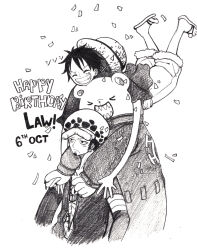  &gt;_&lt; 3boys ^_^ bear bepo blush character_name chul_(pacifique) closed_eyes commentary_request confetti dated earrings english_commentary facial_hair goatee greyscale happy_birthday hat highres hug hug_from_behind jewelry jumpsuit male_focus monkey_d._luffy monochrome multiple_boys one_piece sandals sideburns smile straw_hat trafalgar_law white_background 