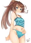  1girl aqua_panties blue_eyes brown_hair camisole cowboy_shot dated hair_ribbon kantai_collection kazagumo_(kantai_collection) long_hair looking_at_viewer navel panties ponytail ribbon signature simple_background solo standing surprised toka_(marchlizard) underwear white_background 