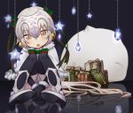  1girl bell black_gloves black_legwear blush boots bow box brown_eyes commentary_request elbow_gloves fate/grand_order fate_(series) fur-trimmed_capelet gem gift gift_box gloves hair_bow head_tilt headpiece jeanne_d&#039;arc_(fate)_(all) jeanne_d&#039;arc_alter_santa_lily knees_together_feet_apart leg_hug long_hair looking_at_viewer parted_lips reflection ribbon sack shitada silver_hair sitting solo star striped striped_bow striped_ribbon thigh-highs very_long_hair white_capelet white_footwear 