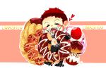  1boy =_= abs bare_chest belt_buckle boots brown_hair buckle cake charlotte_katakuri chest chibi closed_eyes cowboy_boots daifuku_(pixiv) doughnut eating food fruit full_body gloves happy heart highres male_focus one_piece open_clothes open_vest pants scarf sharp_teeth short_hair solo spikes spoilers spurs stitches strawberry teeth vest 