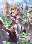  1girl blonde_hair braid brown_eyes brown_gloves castle clouds company_name effie_(fire_emblem) fire_emblem fire_emblem_cipher fire_emblem_echoes:_mou_hitori_no_eiyuuou flower gloves greaves head_wreath horse long_hair mayo_(becky2006) official_art open_mouth polearm shoulder_pads sitting sky solo spear twin_braids weapon 