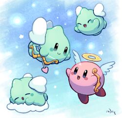  :d :o ^_^ angel_wings aquabluu arrow_(projectile) artist_name blue_eyes blue_sky blush blush_stickers bow_(weapon) closed_eyes closed_mouth clouds commentary copy_ability cupid_kirby cupie day english_commentary flying halo heart heart_arrow holding holding_arrow holding_bow_(weapon) holding_weapon kirby kirby_(series) looking_at_another no_humans on_cloud open_mouth signature sky sleeping smile star_(symbol) weapon white_wings wings 