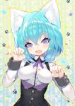  1girl :d animal_ears bangs black_vest blue_hair blue_nails blush breasts cat_ears collared_shirt eyebrows_visible_through_hair fang fingernails hair_between_eyes head_tilt heart highres long_sleeves looking_at_viewer mamuru medium_breasts nail_polish neck_ribbon open_mouth original paw_background paw_pose purple_neckwear ribbon shirt smile solo thick_eyebrows upper_body vest violet_eyes white_shirt 