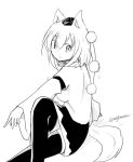  1girl animal_ears black_legwear black_skirt breasts eyebrows_visible_through_hair greyscale hat inubashiri_momiji leg_up looking_at_viewer medium_breasts monochrome outstretched_arm outstretched_leg pom_pom_(clothes) skirt tail taurine_8000mg thigh-highs tokin_hat touhou twisted_torso twitter_username wide_sleeves wolf_ears wolf_tail zettai_ryouiki 
