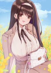  1girl bag black_hair black_ribbon blush breasts brown_skirt chami_(charming621) collared_shirt diesel_(nikke) diesel_(strawberry_flower)_(nikke) goddess_of_victory:_nikke hairband high-waist_skirt highres large_breasts long_hair long_sleeves looking_at_viewer neck_ribbon official_alternate_costume open_mouth outdoors ribbon shirt skirt smile solo white_hairband white_shirt 