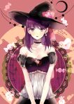 1girl black_hat blush breasts cleavage collarbone earrings eyebrows_visible_through_hair fate/stay_night fate_(series) hair_ribbon hat highres jewelry long_hair looking_at_viewer matou_sakura medium_breasts open_mouth prin_dog purple_hair red_ribbon ribbon solo strapless violet_eyes witch_hat 