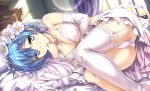  1girl ass bare_shoulders blue_eyes blue_hair breasts cleavage commentary_request curtains dress elbow_gloves flower garter_straps gloves hair_flower hair_ornament hair_over_one_eye highres indoors jewelry lens_flare light_particles looking_at_viewer lying medium_breasts necklace nemo_(piisukun) on_bed on_side panties pantyshot pantyshot_(lying) pearl_necklace re:zero_kara_hajimeru_isekai_seikatsu rem_(re:zero) short_hair single_thighhigh smile solo thigh-highs underwear wedding_dress white_flower white_gloves white_legwear white_panties window x_hair_ornament 