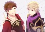  2boys blonde_hair brown_hair fire_emblem fire_emblem_if grin kazame multiple_boys shinonome_(fire_emblem_if) siegbert_(fire_emblem_if) simple_background smile spiky_hair white_background 