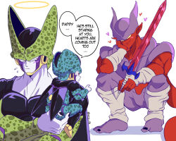  3boys amiz06 artist_name biceps black_nails blush carrying cell_(dragon_ball) cell_junior child closed_mouth colored_sclera colored_skin commentary_request dragon_ball dragon_ball_z english_commentary english_text fingernails flying_sweatdrops halo hand_on_own_cheek hand_on_own_face hand_up heart holding holding_sword holding_weapon horns index_finger_raised janemba long_fingernails looking_at_another male_focus mixed-language_commentary multiple_boys muscular muscular_male pectorals perfect_cell pointing pointy_ears purple_horns purple_skin red_eyes red_skin sharp_fingernails simple_background smile speech_bubble squatting sword tail toenails twitter_username upper_body vambraces wavy_mouth weapon white_background white_skin wide-eyed wings yellow_sclera 