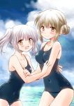  2girls :d bangs bare_arms bare_shoulders blue_sky blush breasts brown_eyes closed_mouth clouds cloudy_sky collarbone commentary_request covered_navel day eyebrows_visible_through_hair hair_between_eyes hair_bun horizon light_brown_hair long_hair looking_at_viewer medium_breasts minami_kawa multiple_girls ocean old_school_swimsuit open_mouth original outdoors school_swimsuit side_bun side_ponytail sidelocks silver_hair sky small_breasts smile swimsuit 