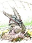  1girl animal_ears bangs blunt_bangs closed_eyes closed_mouth colored_eyelashes commentary_request creature ears_through_headwear eyebrows_visible_through_hair flower furry helmet horned_helmet hug kneeling looking_at_another made_in_abyss mitty_(made_in_abyss) nanachi_(made_in_abyss) petals red_eyes stuffed_animal stuffed_bird stuffed_bunny stuffed_toy tatsuya-fxstc white_hair 