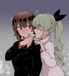  2girls absurdres alternate_hairstyle anchovy aomushi_(mushamusha) black_jacket black_ribbon blush brown_eyes brown_hair casual closed_eyes closed_mouth dress_shirt drill_hair eyebrows_visible_through_hair food fume girls_und_panzer glasses green_hair hair_ribbon hand_on_another&#039;s_shoulder highres holding holding_food ice_cream_cone jacket licking long_hair looking_at_another looking_back multiple_girls nishizumi_maho open_mouth ponytail red_shirt ribbed_sweater ribbon round_eyewear sharing_food shirt short_hair standing sweat sweater tongue tongue_out turtleneck white_sweater 