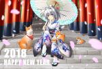  2018 animal animal_on_lap blue_eyes blush dog earrings hair_intakes hair_ornament hair_stick happy_new_year highres japanese_clothes jewelry kaeru_neko kimono looking_at_viewer medium_hair new_year original outdoors over_shoulder parasol petals puppy sandals silver_hair sitting socks umbrella white_legwear 