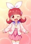  1girl ;d bangs blush collared_shirt commentary_request eyebrows_visible_through_hair fingernails flower hair_flower hair_ornament hair_ribbon head_tilt high-waist_skirt highres jacket jewelpet_(series) jewelpet_magical_change jewelry long_hair long_sleeves looking_at_viewer one_eye_closed open_clothes open_jacket open_mouth outstretched_arms pendant pink_hair pink_jacket pink_ribbon pleated_skirt red_eyes redhead ribbon ruby_(jewelpet) sakurabe_notosu shirt skirt sleeves_past_wrists smile solo thigh-highs white_legwear yellow_shirt 