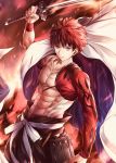  1boy abs arm_up cape closed_mouth collarbone cowboy_shot emiya_shirou fate/grand_order fate/stay_night fate_(series) fire frown glint highres holding holding_sword holding_weapon igote katana limited/zero_over male_focus muscle navel orange_hair red_ribbon ribbon sash shinkami_hiroki shirtless solo sparks sword weapon white_ribbon yellow_eyes 