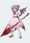  1girl ascot bat_wing bat_wings blue_hair brooch fkey full_body hat hat_ribbon highres holding holding_weapon jewelry mary_janes mob_cap nail_polish pink_hat red_eyes red_footwear red_nails red_ribbon remilia_scarlet ribbon shoes simple_background socks solo spear_the_gungnir standing touhou weapon white_legwear wing_collar wings wrist_cuffs 