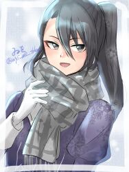  1girl artist_name black_eyes black_hair gloves grey_scarf highres jacket kantai_collection long_hair looking_at_viewer nachi_(kancolle) one-hour_drawing_challenge plaid_clothes plaid_scarf purple_jacket scarf side_ponytail snowflakes solo twitter_username upper_body white_gloves wiwo 