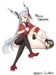  1girl alternate_costume black_gloves black_legwear capelet christmas dress failure_penguin gloves hair_ribbon hat kantai_collection legs_crossed long_hair murakumo_(kantai_collection) orange_eyes pantyhose red_dress red_footwear ribbon sack santa_costume santa_hat sidelocks silver_hair simple_background sitting solo tress_ribbon twitter_username white_background yamashiki_(orca_buteo) 