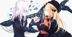  2girls a_o_ume abigail_williams_(fate/grand_order) albino black_bow black_dress black_hat blonde_hair blush bow closed_eyes commentary_request dress fate/grand_order fate_(series) hair_bow hat holding holding_stuffed_animal lavinia_whateley_(fate/grand_order) long_hair long_sleeves multiple_girls no_pupils orange_bow pink_eyes pinky_swear ribbed_dress sleeves_past_wrists smile stuffed_animal stuffed_toy teddy_bear whale white_hair white_skin 