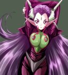  arms_up bodysuit breasts check_commentary commentary commentary_request headgear large_breasts long_hair long_nails macross macross_7 madoka_moriyama pointy_ears protodeviln purple_hair red_eyes sivil 