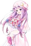  1girl :d bangs blue_ribbon blush bouquet crescent crescent_moon_pin dress eyebrows_visible_through_hair fingernails flower hair_ribbon hat highres holding holding_bouquet long_hair long_sleeves looking_at_viewer mob_cap open_mouth patchouli_knowledge pink_dress pink_hat purple_hair red_ribbon ribbon simple_background smile solo standing touhou tress_ribbon vanilla_(miotanntann) violet_eyes white_background 