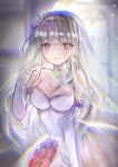  1girl artist_name bangs bare_shoulders blunt_bangs blurry bouquet breasts bride choker cleavage closed_mouth dress elbow_gloves emilia_(re:zero) eyebrows_visible_through_hair flower gloves holding holding_bouquet large_breasts light_particles long_hair looking_at_viewer mirutu pointy_ears re:zero_kara_hajimeru_isekai_seikatsu red_rose rose silver_hair smile solo upper_body veil violet_eyes wedding_dress white_dress white_gloves 