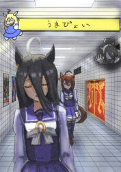  4girls agnes_tachyon_(umamusume) bow bowtie brown_footwear closed_eyes facing_viewer ghost hallway highres hishi_amazon_(umamusume) horseshoe_ornament long_sleeves magnoliko manhattan_cafe_(umamusume) movie_poster_(object) multiple_girls neo_universe_(umamusume) pleated_skirt poster_(object) purple_shirt purple_skirt purple_thighhighs sailor_collar sailor_shirt school_uniform shirt skirt the_exit_8 the_ring thigh-highs tile_floor tile_wall tiles tracen_school_uniform ufo umamusume umapyoi_(phrase) vent_(object) white_bow white_bowtie 