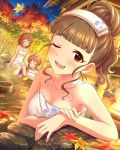  3girls abe_nana araki_hina autumn_leaves brown_hair bucket closed_eyes eyebrows hair_ribbon idolmaster idolmaster_cinderella_girls kamiya_nao multiple_girls naked_towel official_art one_eye_closed onsen red_eyes ribbon towel towel_on_head tree wooden_bucket 