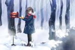  1girl bare_tree black_legwear blue_skirt breath brown_footwear dog emodelas happy_new_year mailbox mittens nengajou new_year original outdoors pantyhose puppy red_scarf scarf school_uniform serafuku skirt snow snowing standing tree white_dog winter 