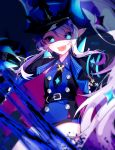  1girl :d absurdres belt black_coat black_neckwear blue_background blue_dress blue_eyes blue_hat cowboy_shot dress elsword hat highres long_hair looking_at_viewer luciela_r._sourcream miniskirt necktie open_mouth patzzi pointy_ears signature simple_background skirt smile solo spikes timoria_(elsword) twintails white_hair 