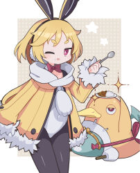  1girl :3 :d animal_ears animal_slippers bat_wings bird black_pantyhose blonde_hair border bow bowtie bright_pupils brown_background bunny_slippers coat collarbone commentary covered_navel curry curry_rice demon_wings detached_collar disgaea earmuffs eating fake_animal_ears flat_chest food full_body fur-trimmed_jacket fur-trimmed_sleeves fur_trim green_wings half-closed_eyes highres hikimayu holding holding_spoon jacket knees_together_feet_apart leotard long_sleeves looking_at_viewer makai_senki_disgaea_5 navel no_nose open_clothes open_jacket pantyhose penguin plate playboy_bunny polka_dot polka_dot_background prinny purple_bow purple_bowtie rabbit_earmuffs rabbit_ears rabbits_foot red_eyes rice scarf short_eyebrows short_hair sleeves_past_fingers sleeves_past_wrists slippers smile solo sparkle spoon standing standing_on_one_leg star-shaped_pupils star_(symbol) suaman symbol-shaped_pupils thick_eyebrows usalia_(disgaea) violet_eyes white_border white_leotard white_pupils white_scarf wing_collar wings yellow_coat yellow_jacket 