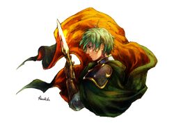  1boy aqua_hair armor blue_armor cape ephraim_(fire_emblem) fire_emblem fire_emblem:_the_sacred_stones floating_cape hashibi_rokou holding holding_polearm holding_weapon looking_to_the_side polearm upper_body weapon white_background 