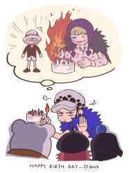  5boys back bepo birthday_cake black_hair blonde_hair blue_cape cake cape donquixote_rocinante feather_cape fire food happy_birthday hat heart heart_print highres hood makeup male_focus multiple_boys one_piece penguin_(one_piece) shachi_(one_piece) shorts sideburns speech_bubble spiky_hair tasikanitakashi thought_bubble trafalgar_law 