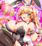  1girl ;d animal_ears balloon balloon_vine_(flower_knight_girl) between_breasts black_legwear black_leotard blonde_hair blush bow braid breasts bunny_tail bursting_breasts cleavage detached_collar earrings easter easter_egg egg flower_knight_girl green_eyes hair_ornament heart heart-shaped_pupils heart_hair_ornament holding_balloon huge_breasts jewelry leotard long_hair looking_at_viewer masako_(sabotage-mode) necktie necktie_between_breasts one_eye_closed open_mouth pink_background rabbit_ears red_bow red_neckwear shiny shiny_skin smile solo star symbol-shaped_pupils tail thigh-highs 