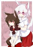  2girls alternate_hair_length alternate_hairstyle animal_ears azumaya_toushirou breasts bright_pupils brooch brown_hair commentary_request eyebrows_visible_through_hair hair_between_eyes hands_on_another&#039;s_shoulders highres imaizumi_kagerou inubashiri_momiji jewelry multiple_girls pom_pom_(clothes) red_eyes red_skirt short_sleeves skirt smile sweatdrop tail touhou violet_eyes white_hair wolf_ears wolf_tail 
