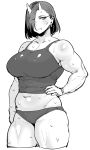  1girl bare_shoulders belly breasts commentary_request cropped_legs curvy earrings elf-san_wa_yaserarenai. fang_out greyscale hair_over_eyes hand_on_hip highres jewelry large_breasts looking_at_viewer monochrome muscle navel oga-san oni oni_horns panties plump pointy_ears short_hair solo standing sweat synecdoche tank_top thick_thighs thighs underwear white_background 