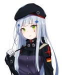  1girl assault_rifle beret blue_hair constricted_pupils eyebrows_visible_through_hair eyes_visible_through_hair german_flag girls_frontline gloves green_eyes gun hair_ornament hat heckler_&amp;_koch highres hk416 hk416_(girls_frontline) holding_strap iron_cross jacket kuki_panda_(wkdwnsgk13) long_hair long_sleeves looking_at_viewer military military_uniform parted_lips pleated_skirt rifle sidelocks skirt sleeve_cuffs solo strap teardrop uniform weapon white_background 