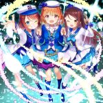  3girls blue_eyes boots bow braid brown_hair buntan concert hair_bow hair_ornament hairclip half_updo hand_holding hat highres long_hair looking_at_viewer love_live! love_live!_school_idol_project love_live!_sunshine!! microphone mirai_no_bokura_wa_shitteru_yo multiple_girls necktie open_mouth orange_hair outstretched_hand red_eyes redhead sakurauchi_riko shirt short_hair side_braid skirt smile takami_chika thigh-highs uniform watanabe_you white_legwear winking yellow_eyes 