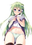  1girl between_breasts black_legwear blue_eyes blue_skirt bow bow_panties breasts frog_hair_ornament green_hair green_panties hair_ornament kochiya_sanae large_breasts lifted_by_self looking_at_viewer miniskirt miyase_mahiro navel necktie necktie_between_breasts panties simple_background skirt skirt_lift solo stomach thigh-highs touhou underwear white_background 