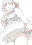  1girl artist_name blush brown_eyes clenched_hand closed_mouth cowboy_shot from_below highres innertube konno_tamao looking_at_viewer monochrome sketch solo spot_color sweatdrop swimsuit teiraman tokimeki_memorial tokimeki_memorial_girl&#039;s_side tokimeki_memorial_girl&#039;s_side_3rd_story wavy_mouth white_background 