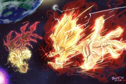  2boys animal_ears animal_nose aura battle blue_eyes body_fur bracelet bwapinarts chest_fur doom_wings earth_(planet) electricity furry furry_male gloves glowing gold_anklet gold_bracelet grin hedgehog hedgehog_boy highres jewelry moon multiple_boys planet red_aura red_eyes red_footwear red_fur shadow_the_hedgehog shoes short_tail smile soap_shoes sonic_(series) sonic_frontiers sonic_frontiers_the_final_horizon sonic_generations sonic_the_hedgehog sonic_x_shadow_generations space spiked_wings super_shadow super_sonic super_sonic_2 tail two-tone_fur white_gloves yellow_fur 