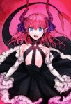 1girl :d bare_shoulders black_dress blue_eyes detached_sleeves dress elizabeth_bathory_(fate) elizabeth_bathory_(fate)_(all) eyebrows_visible_through_hair fate/extra fate_(series) flat_chest frilled_dress frills horn horn_ornament long_hair long_sleeves long_tail looking_at_viewer open_mouth pink_background pink_hair pointy_ears slit_pupils smile solo tail takashi_(onikukku)
