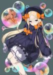  1girl abigail_williams_(fate/grand_order) bangs black_bow black_dress black_hat blonde_hair bloomers blue_eyes blush bow bubble butterfly closed_mouth commentary_request dress fate/grand_order fate_(series) hair_bow hands_in_sleeves hat light_smile long_sleeves looking_at_viewer mayuzaki_yuu orange_bow parted_bangs polka_dot polka_dot_bow solo stuffed_animal stuffed_toy teddy_bear underwear white_bloomers 